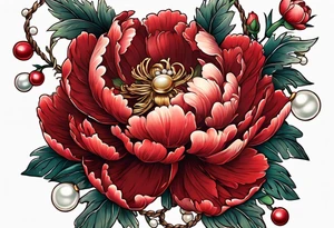 Red peony with pearl necklace and rabbit tattoo idea