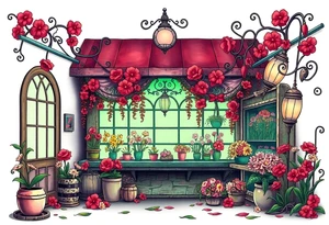 Tim Burton’s flower shop is abandoned and dripping with muted reds, dusty pinks, and eerie green glow. tattoo idea tattoo idea