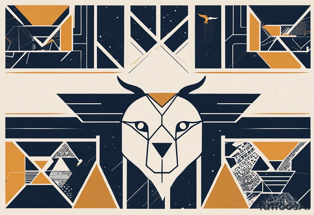Words: Courage, determination, patience, focus, resilience. Image: Geometric eagle face, bull and bear faces divided by the financial market dump and pump. Graphics, symbols of intelligence interconnected with books and studies that represent the search for knowledge as a person guided by humanity and human philosophy. Image for the right arm and right forearm. Use geometric shapes and lines to connect images tattoo idea
