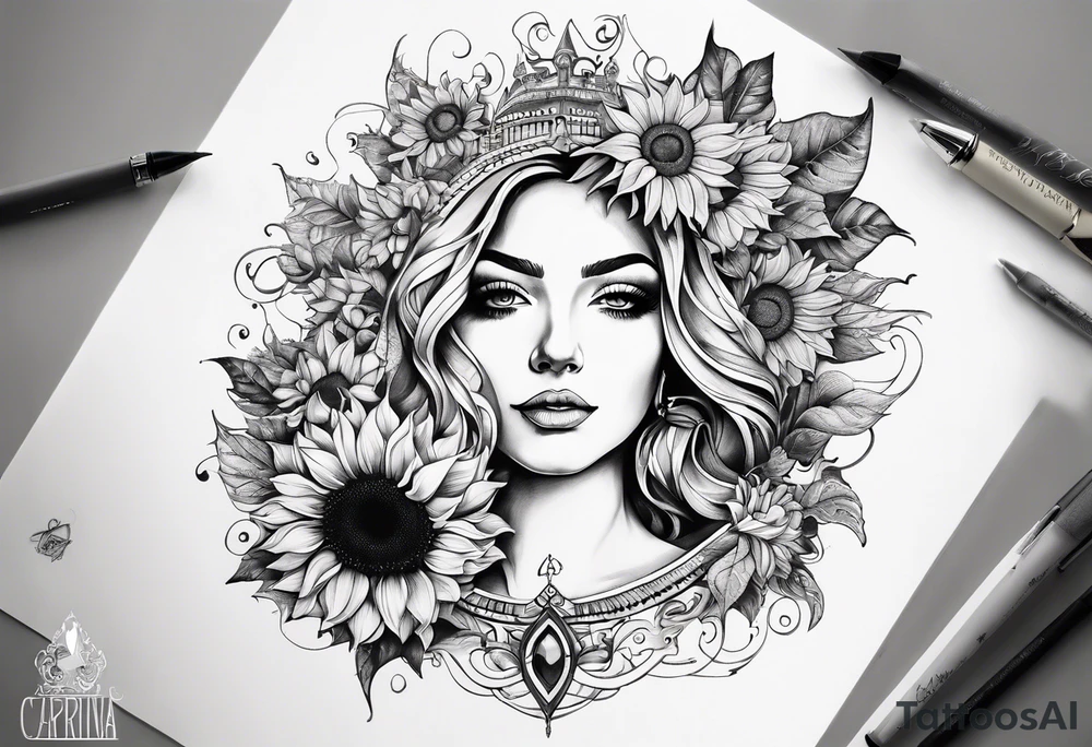Sunflower with the names Carina, Cassandra, Roman and Charisma tattoo idea
