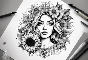 Sunflower with the names Carina, Cassandra, Roman and Charisma tattoo idea