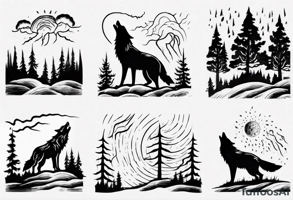 a thunderstorm over a forest and a wolf howling tattoo idea a thunderstorm over a forest and a wolf howling tattoo idea