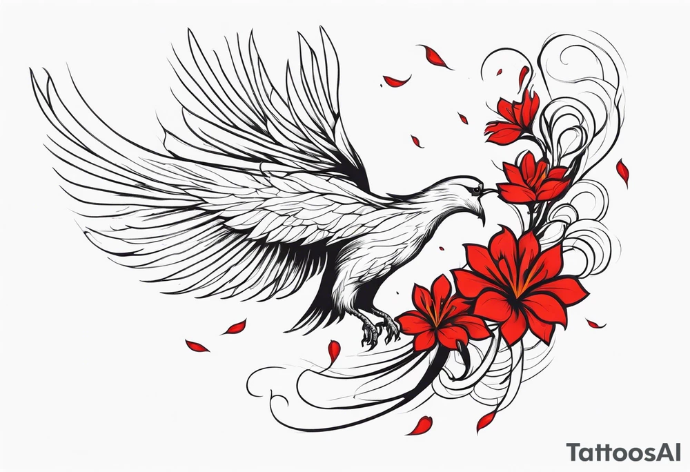 elongated phoenix in profile with claws holding red flowers falling tattoo idea