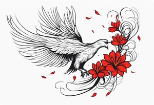 elongated phoenix in profile with claws holding red flowers falling tattoo idea