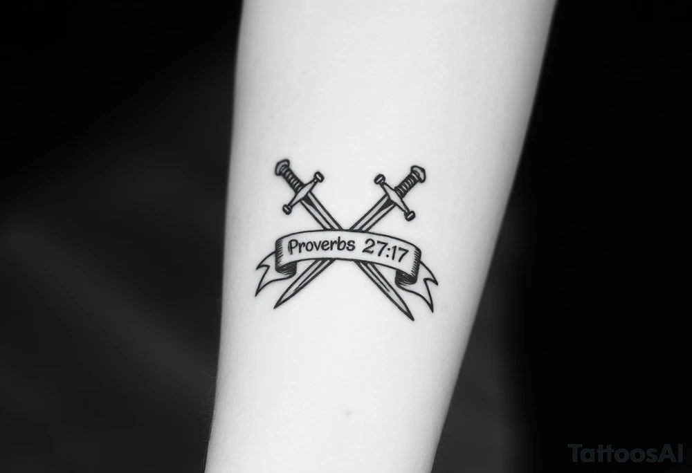 Two crossed swords in a forearm tattoo sketch style, with a flowing banner that reads “Proverbs 27:17” Black ink, simple and bold. tattoo idea