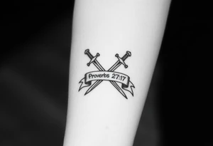Two crossed swords in a forearm tattoo sketch style, with a flowing banner that reads “Proverbs 27:17” Black ink, simple and bold. tattoo idea