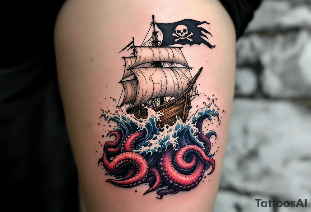 Kraken’s Wrath – A wooden pirate ship in the midst of a stormy sea, being dragged into the depths by massive red and purple tentacles. The skull-shaped waves crash against the hull, while a torn black Jolly Roger flag flaps in the wind. tattoo idea