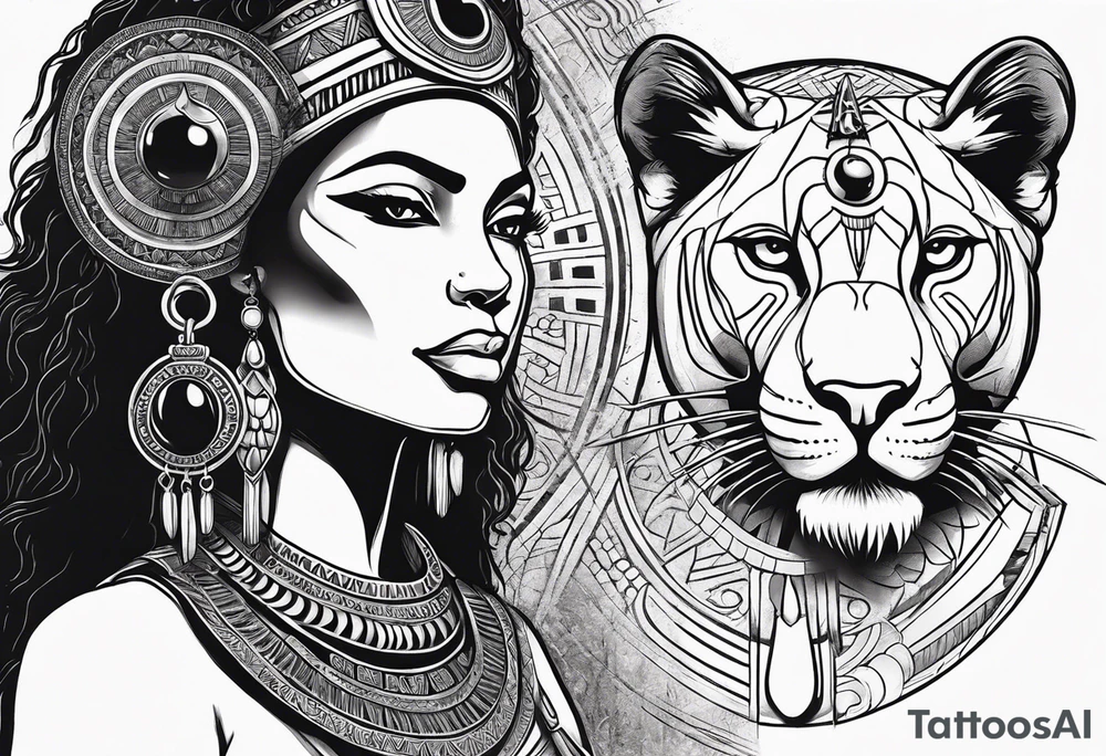Ancient Egyptian goddess sekhmet, lioness head with black sun disk above her head and woman's body. She looks straight ahead and ready for battle looking fearless and powerful holding an ankh in one hand and a papyrus sceptre in another, she has long hair flowing tattoo idea