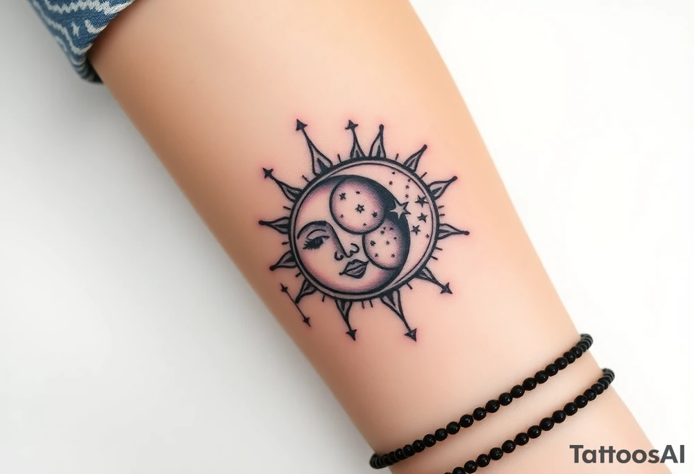celestial sun and moon embrace with constellation patterns tattoo idea