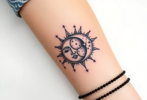 celestial sun and moon embrace with constellation patterns tattoo idea