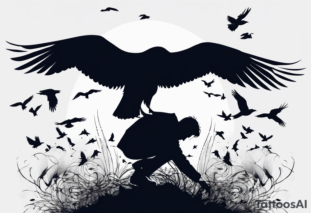 Silhouette of a man on his hands and knees bent over with crows coming out his back like pieces of him flying away. tattoo idea