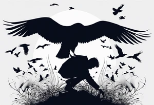 Silhouette of a man on his hands and knees bent over with crows coming out his back like pieces of him flying away. tattoo idea