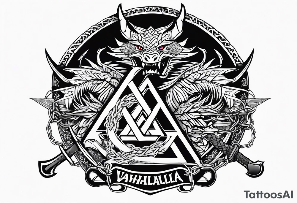 Valhalla sword shield dragon axe Valknut barbed wire chains tattoo idea Valhalla sword shield dragon axe Valknut barbed wire chains tattoo idea