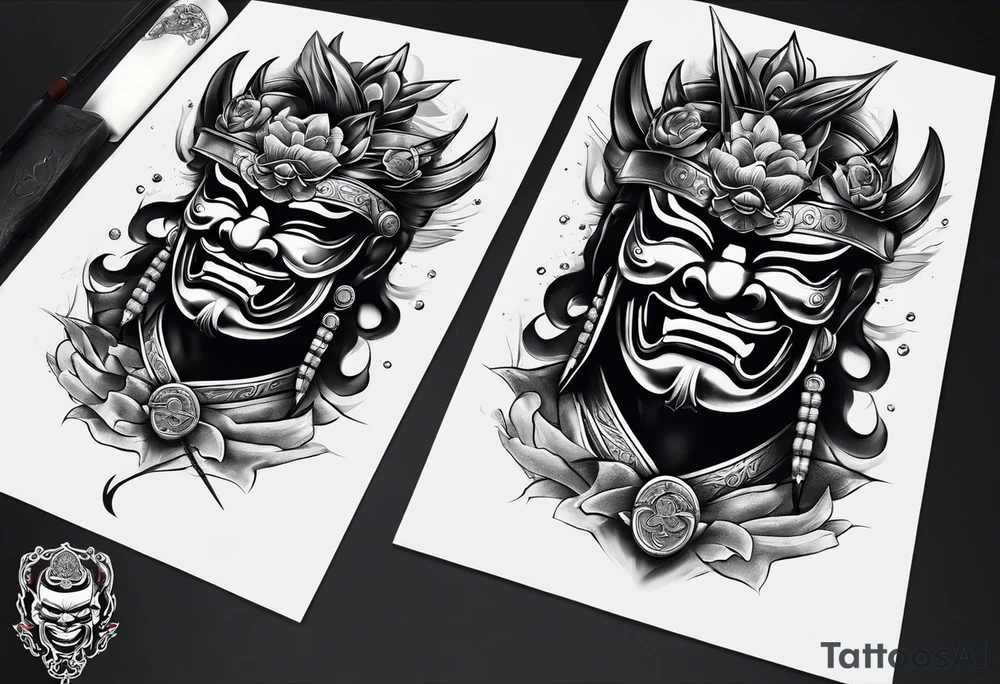 Japanese Samurai two Mask Tattoo Designs laugh and cry tattoo idea
