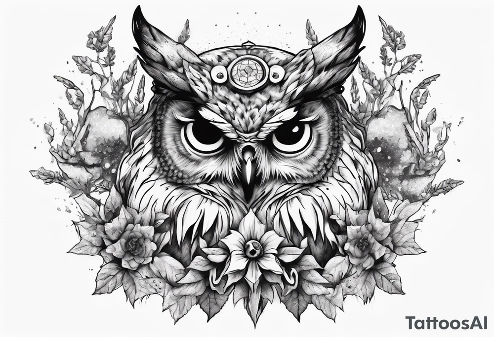 Demon crowned Owl surrounded by poisonous plants, crystals and astrology. tattoo idea