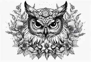 Demon crowned Owl surrounded by poisonous plants, crystals and astrology. tattoo idea