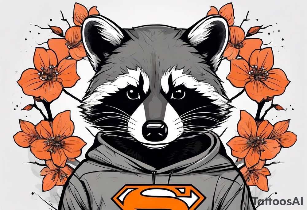 raccoon wearing a black and white Superman hoodie with orange Japanese cherry blossoms tattoo idea