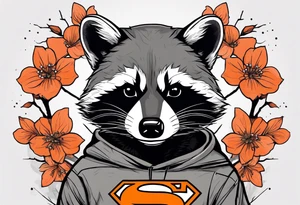 raccoon wearing a black and white Superman hoodie with orange Japanese cherry blossoms tattoo idea
