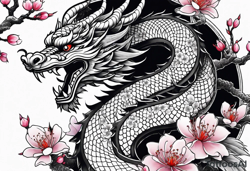Japanese dragon with cherry blossom trees in the background tattoo idea Japanese dragon with cherry blossom trees in the background tattoo idea