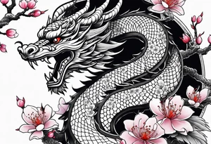 Japanese dragon with cherry blossom trees in the background tattoo idea