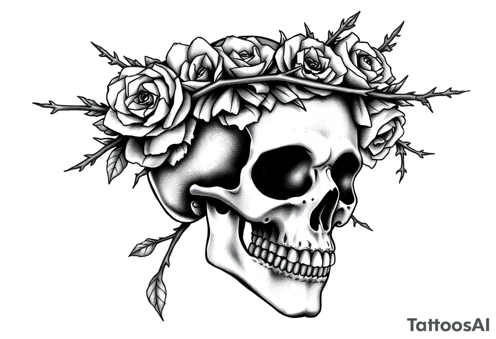 ornate skull adorned with crown of wild roses and thorns tattoo idea