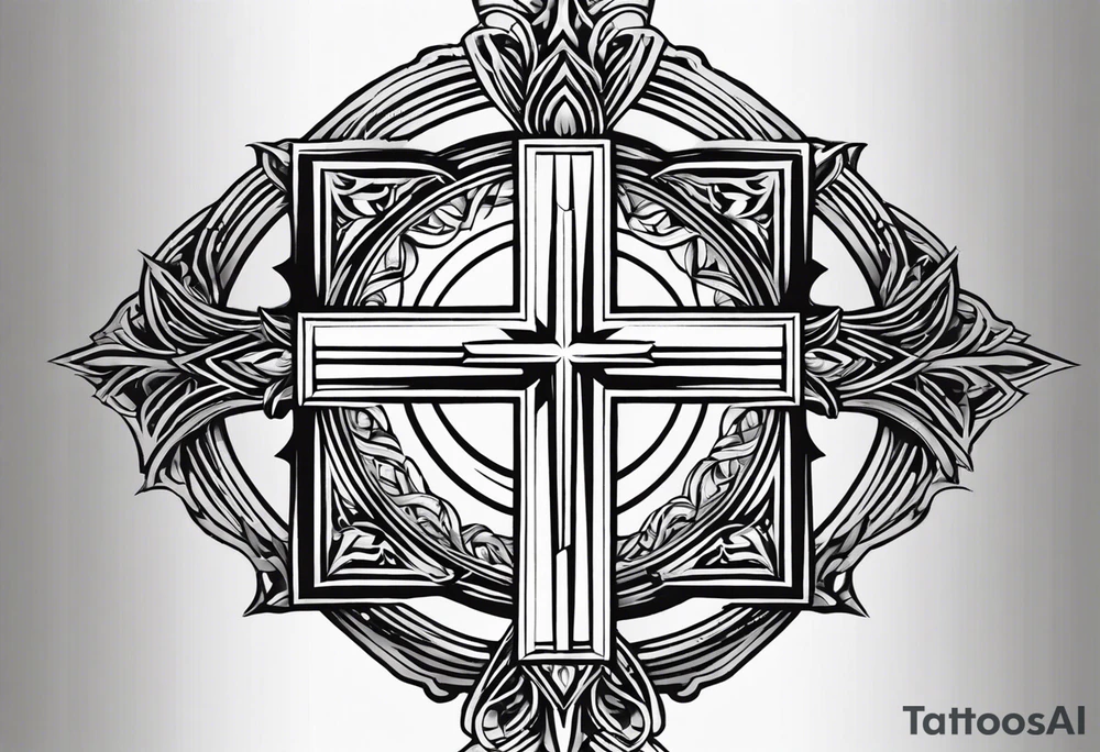 Tattoo: A refined cross with a soft halo on top of it, symbolizing light and spirituality. Delicate rays extend outward from the halo, adding a subtle glow and depth. The cross itself is simple and elegant, with potential for small, intricate line details within the design. tattoo idea