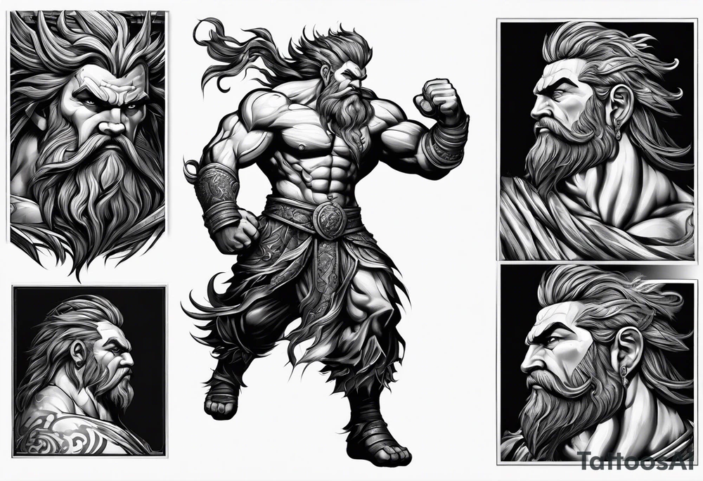 full body strong mythical giant turned to the side about to punch something tattoo idea