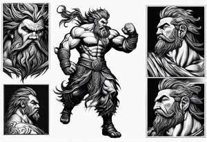 full body strong mythical giant turned to the side about to punch something tattoo idea