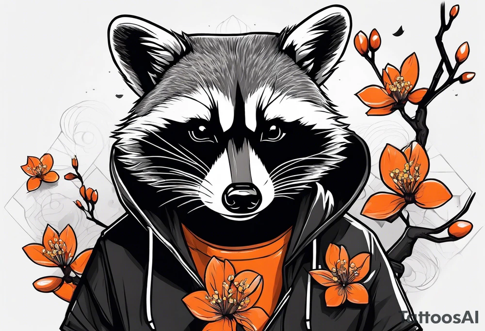 Raccoon wearing a white Superman logo on a black hoodie and orange Japanese cherry blossoms tattoo idea