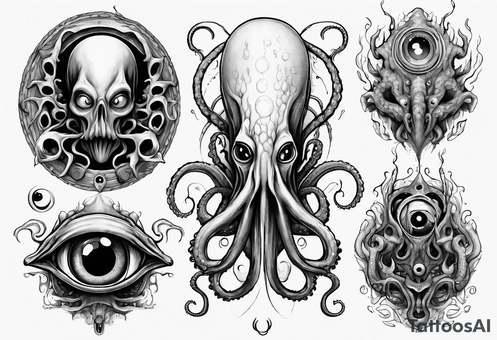 lovecraft theme with tentacle+++ and eyes for forearms
long tattoo tattoo idea