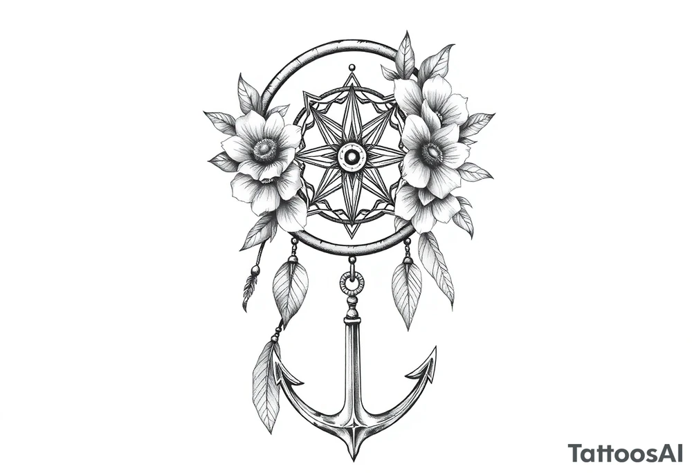 dream catcher with compass and anchor Beautiful flowers and boho like look tattoo idea