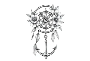dream catcher with compass and anchor Beautiful flowers and boho like look tattoo idea
