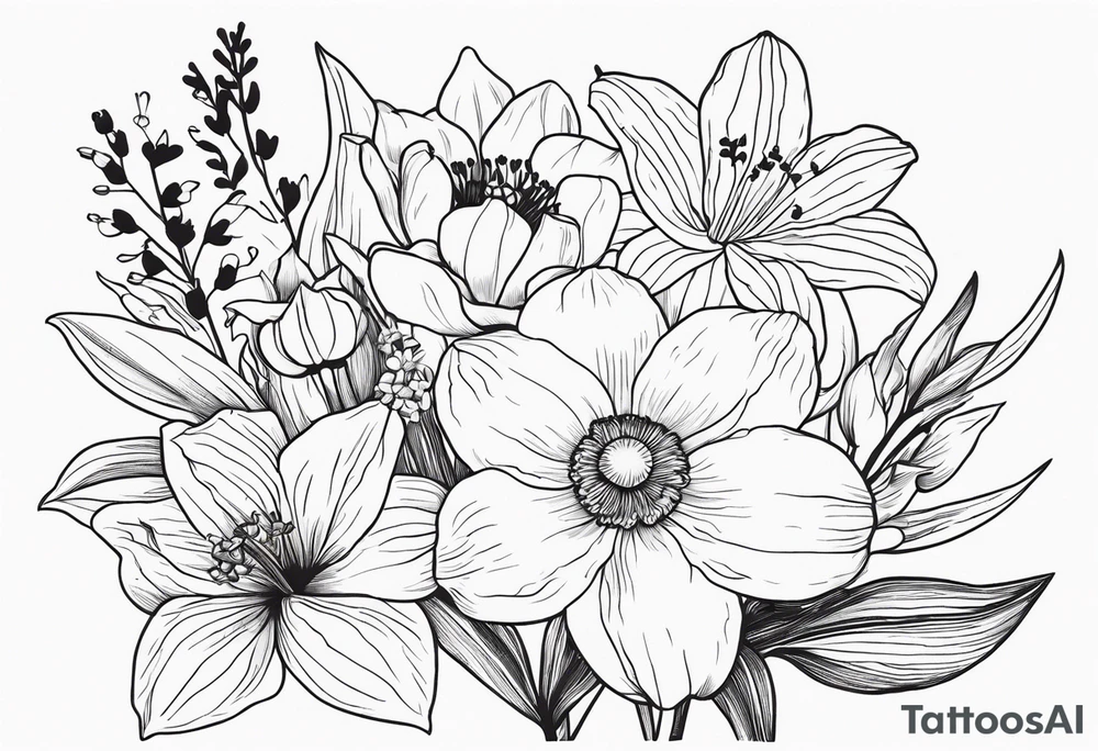 Small line work flower bouquet (show stems) with 1 daffodil, lily of the valley, 1 poppy, 1 peony, 1 chrysanthemum, and some leaves. Put a butterfly above the daffodil tattoo idea