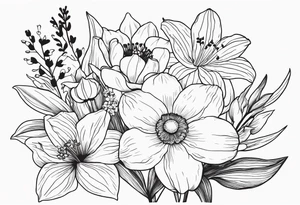 Small line work flower bouquet (show stems) with 1 daffodil, lily of the valley, 1 poppy, 1 peony, 1 chrysanthemum, and some leaves. Put a butterfly above the daffodil tattoo idea