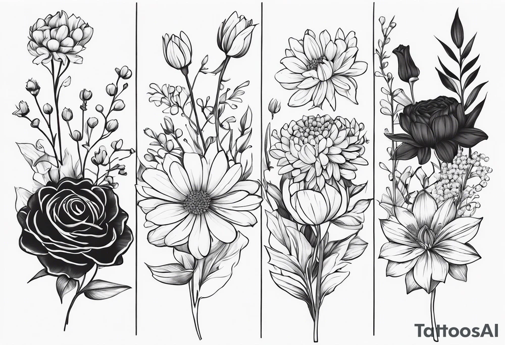 Asters, roses, lily of the valley, and chrysanthemums in a long line tattoo idea