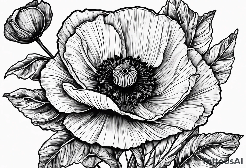 Poppy flowers with the date 1/15/22 in Roman numerals tattoo idea