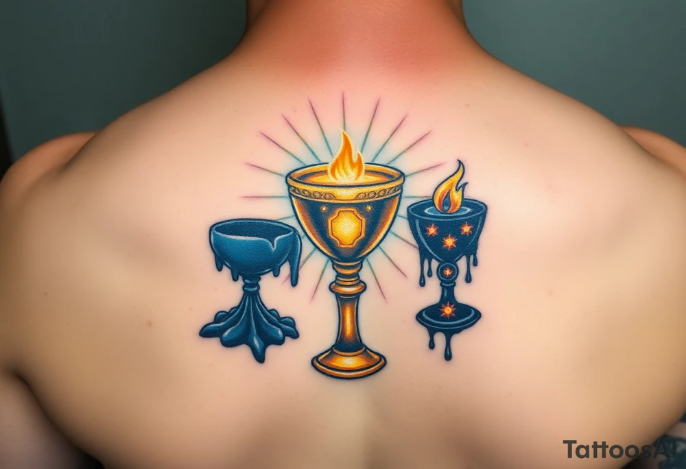 holy grail, glowing with soft blues and golds, surrounded by soft rays of light, opposed to a dark chalice, dripping black liquid, with red glowing symbols tattoo idea