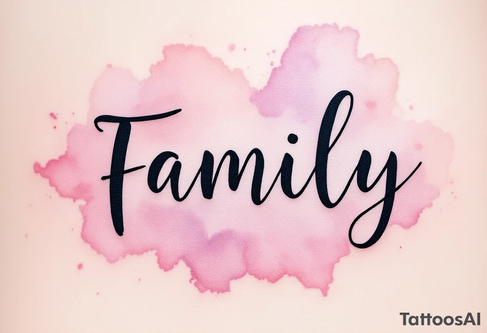 A watercolor splash in dusty rose and lavender behind the word family in sleek black ink. tattoo idea