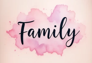 A watercolor splash in dusty rose and lavender behind the word family in sleek black ink. tattoo idea