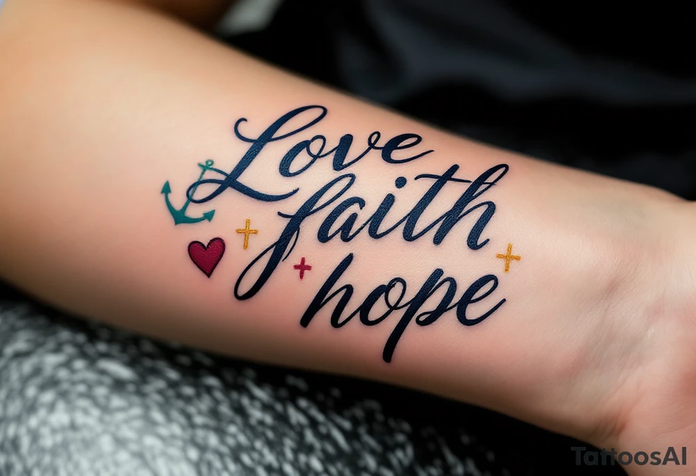 Script in deep navy ink, with a heart in burgundy, a gold cross, and a teal anchor subtly integrated into the words love faith hope. tattoo idea