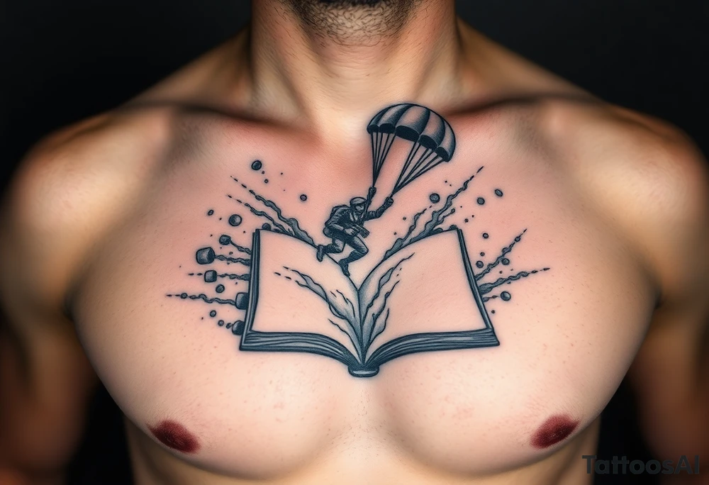 A parachuting soldier falling into an open book. Chaos surrounding, but the book is protecting the soldier from it. On the chest. Make the tattoo smaller. Make it thought provoking. Make the chaos in the environment be an eerie mist. Make the pages in the book be blank. Just one soldier, no other characters. the book is old. tattoo idea