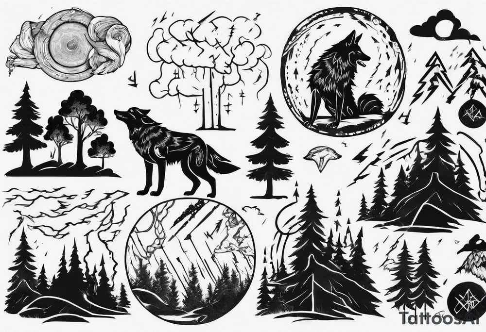 a thunder and lightning storm over a forest with a distant wolf howling and a drum circle tattoo idea a thunder and lightning storm over a forest with a distant wolf howling and a drum circle tattoo idea