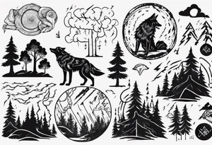 a thunder and lightning storm over a forest with a distant wolf howling and a drum circle tattoo idea
