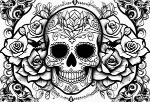 Sugar skulls with lilies and roses on leg tattoo idea