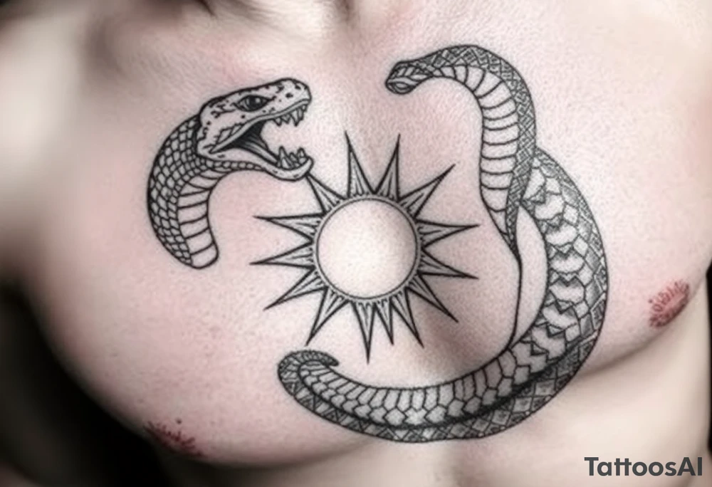 4. Apofis devorando la luz
Serpiente gigante (Apofis) enrollada en espiral, mordiendo un sol fracturado.

Podrías ubicar la espiral alrededor del pezón o el corazón, y las grietas del sol cruzar el pecho. tattoo idea