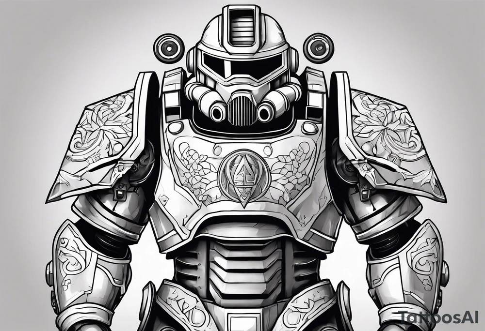 Power armor with Greek engravings tattoo idea