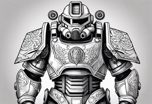 Power armor with Greek engravings tattoo idea