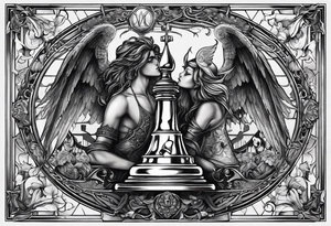 Depict an intricately balanced chessboard, where the angel and demon carefully consider their moves, symbolizing the delicate equilibrium between opposing forces. tattoo idea