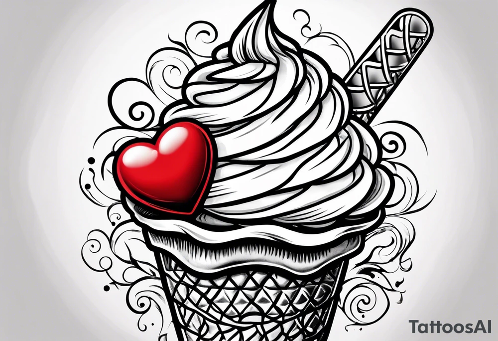 ice cream cone with one round scoop of ice cream and a red heart tattoo idea