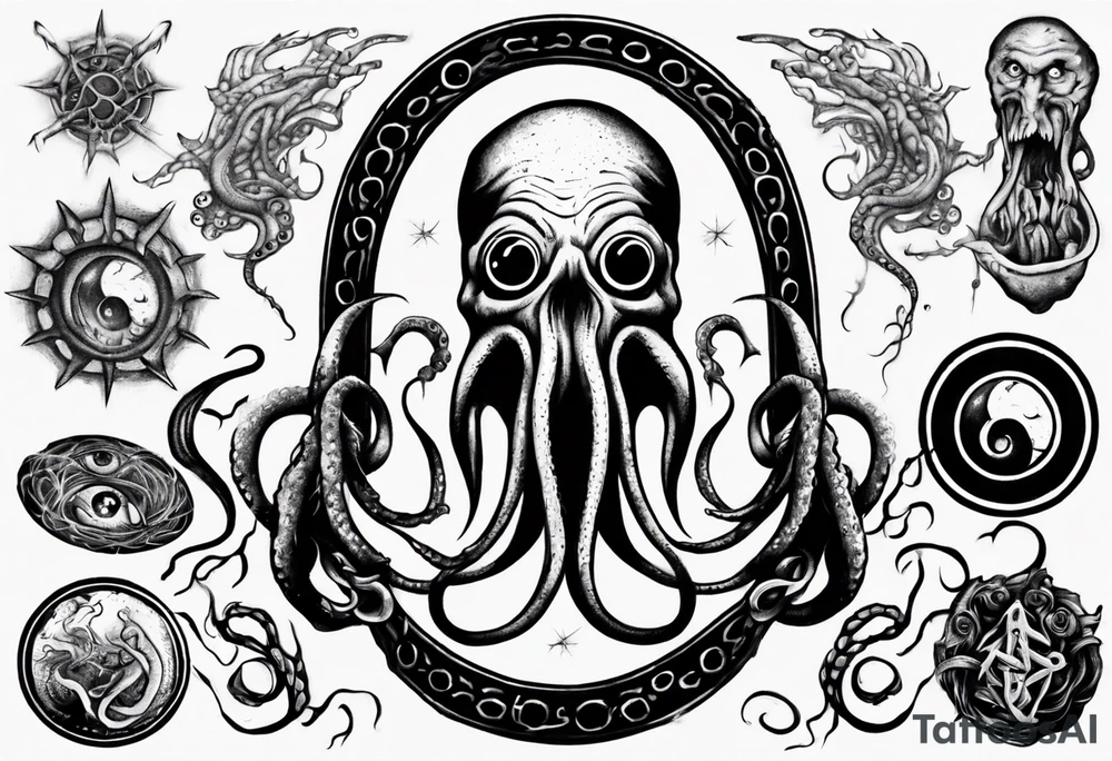 lovecraft long tattoo to put on the forearm, with eye and tentacle tattoo idea